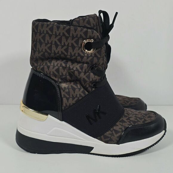 Michael Kors Liv Wedge Booties Womens 5 Black Brown‎ Monogram Soft Knit - Picture 4 of 12